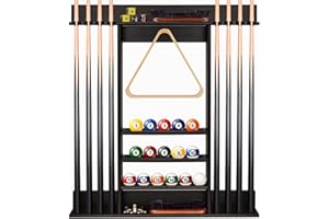 Purbambo Pool Cue Rack, Bamboo Wall Mount Pool Sticks Holder, Holds 8 Cues and Full Set of Balls, Pool Table Accessories Organizer for Billiard Room or Club - Brown