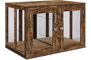 unipaws 46 inch XL Dog Crate Furniture with Tray and Divider, Extra Large Heavy Duty Kennel Dog Cage for 2 Dogs, Wood Double Dog Crate Large Breed, Rustic