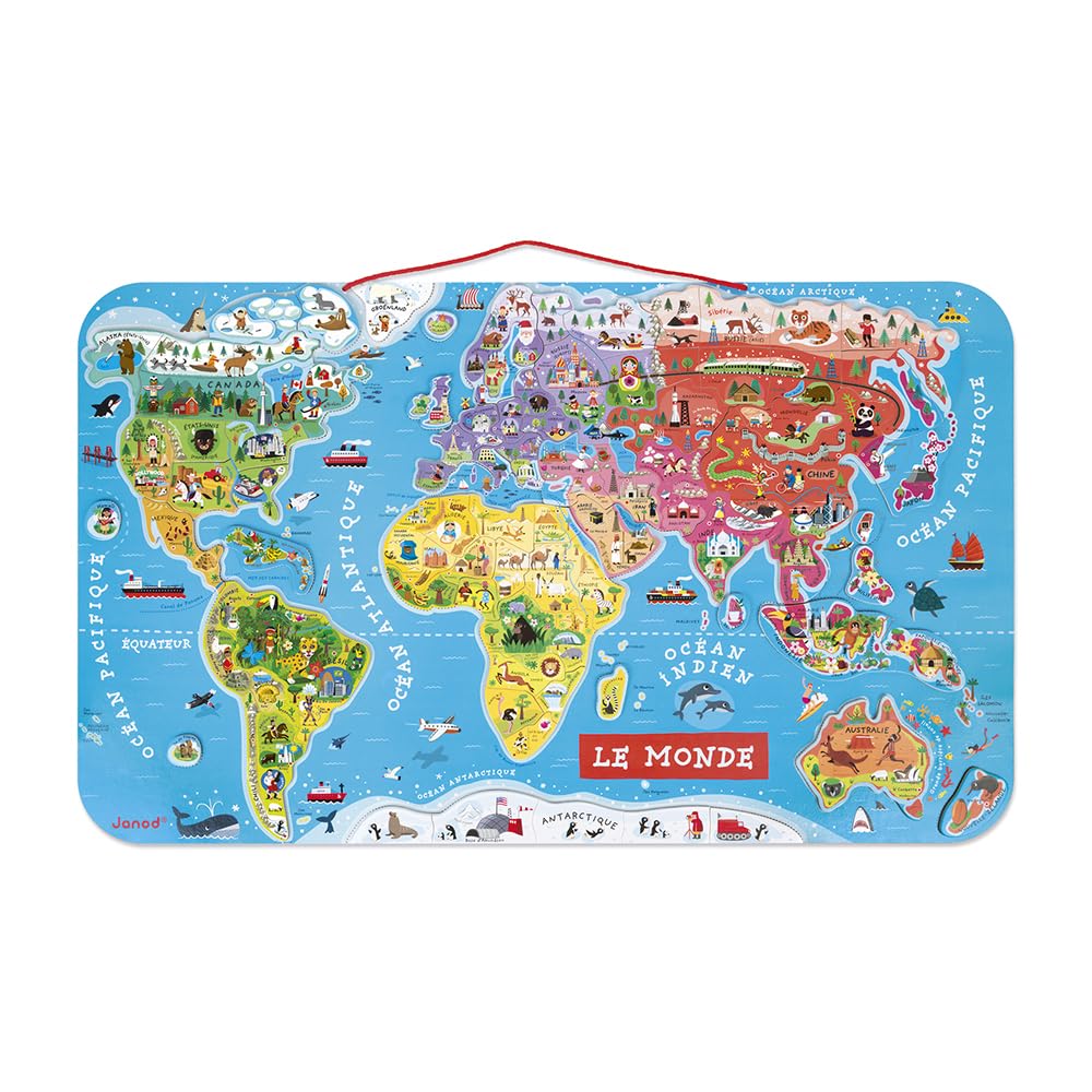 Janod - Wooden Magnetic World Map Puzzle - 92 Magnetic Pieces - 70 x 43 cm - French Version - Educational game from 7 years old, J05500 Metallic Silver โ image 1