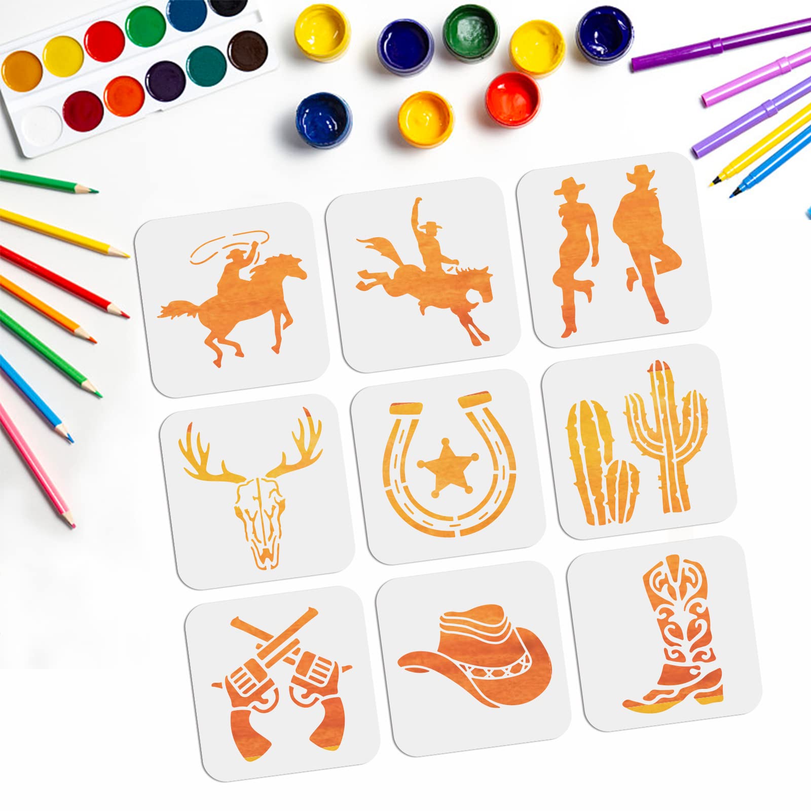 MAYJOYDIY 9PCS Cowboy Stencil 15×15cm Western Cowboy Cowgirl Stencil Cowboy Boots and Hat Stencil Reusable Cactus Cow Drawing Template for DIY Projects Crafts Wood Fabric Floor Wall