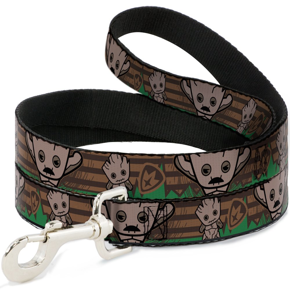 Buckle-Down Dog Leash Kawaii Groot 2 Poses Guardians Badge Browns Green 6 Feet Long 1.5 Inch Wide, Multicolor, DL-6FT-WMC128-W