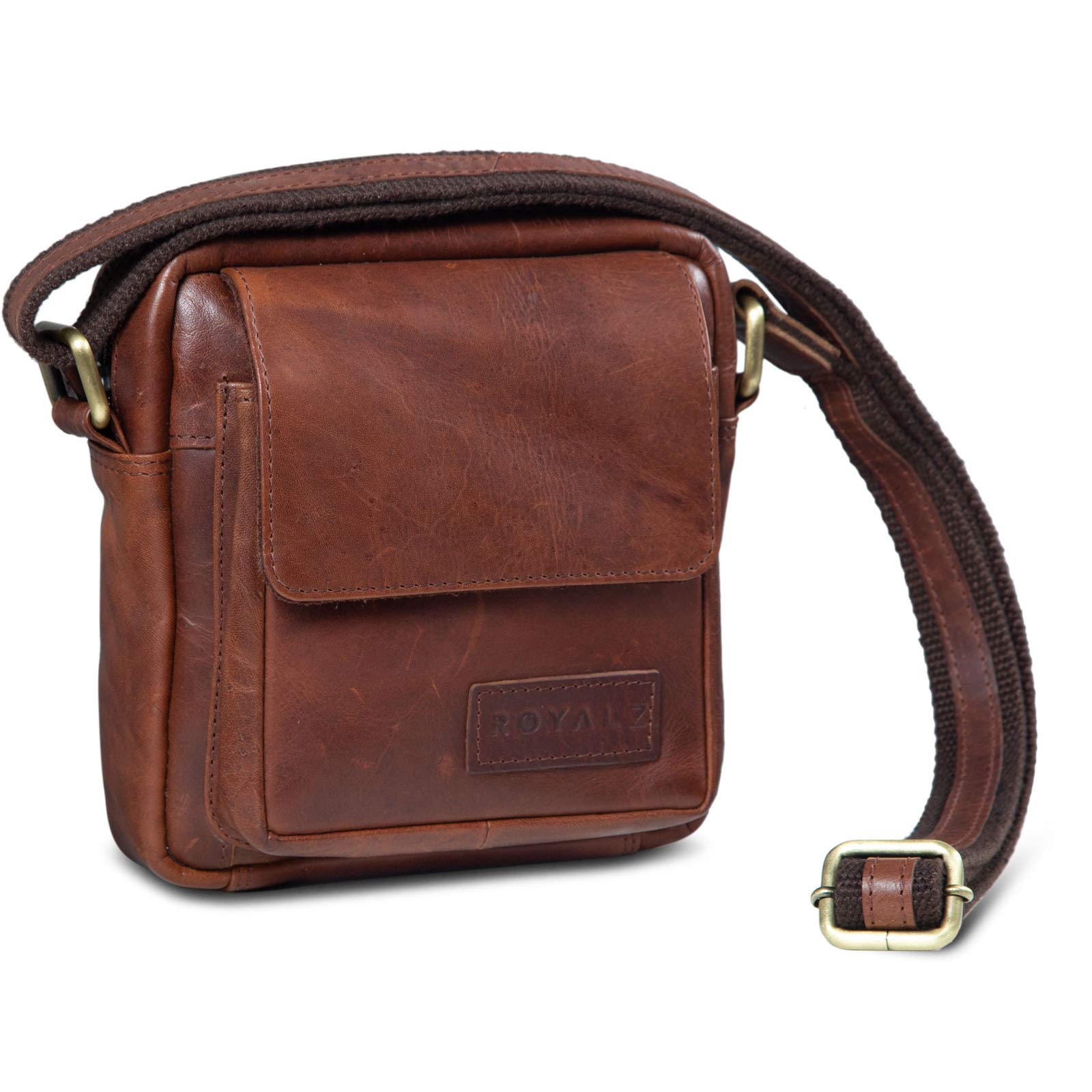 ROYALZ 'Austin' Mens Leather Bag Small Shoulder Mens Massanger Cross Body Genuine Leather Casual Vintage Style Travel Wallet, Color:Roma Cognac Brown