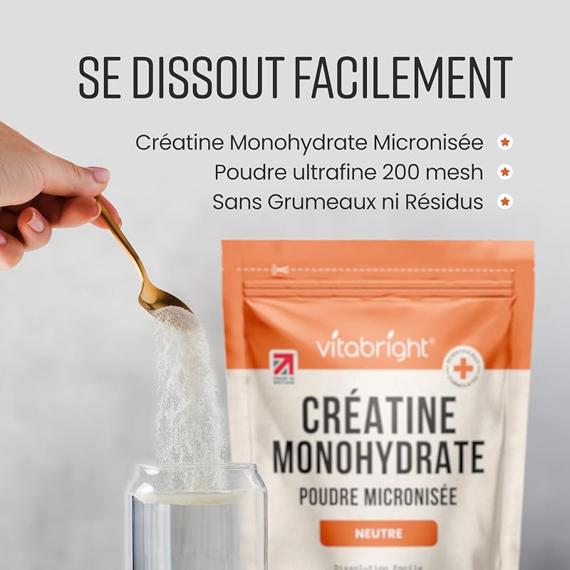Créatine Monohydrate en Poudre Micronisée | Sachet 400 g | 114 Portions | Creatine Monohydrate Poudre Ultra-Fine 200 Mesh à Dissolution Rapide (Pas en Gelules ni Gummies) | Vegan | Vitabright