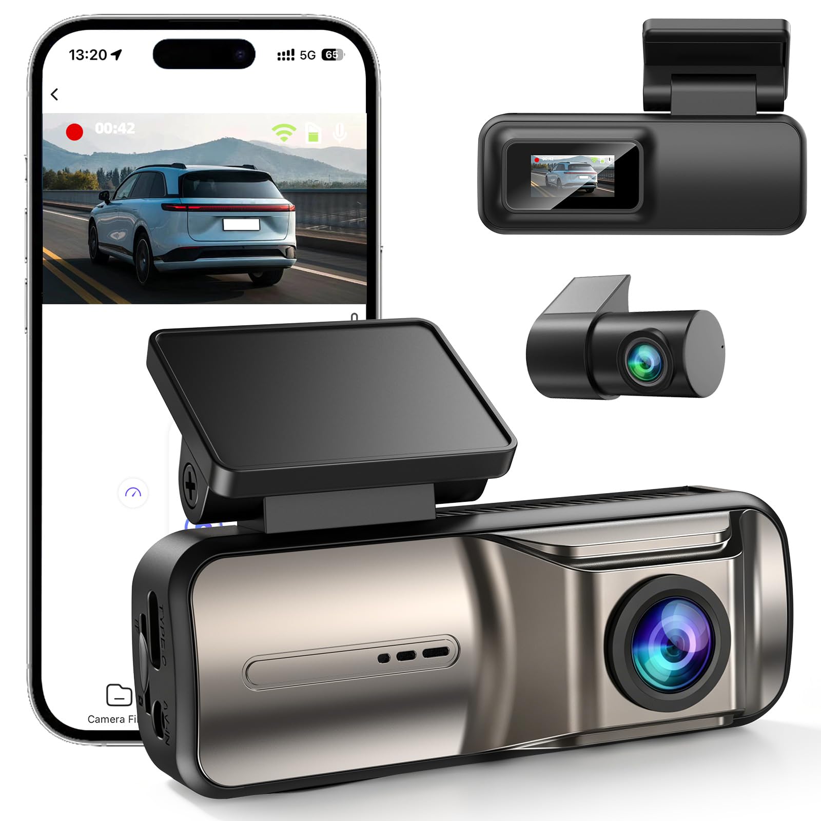 FLUXEONS 4K +1080P Dashcam Auto Vorne Hinten mit 64GB Karte, APP Steuerung mit 5GHz Wi-Fi, G-Sensor, 170° Weitwinkel, Nachtsicht, WDR, 24/7 Parküberwachung, Loop-Aufnahme (X3)
