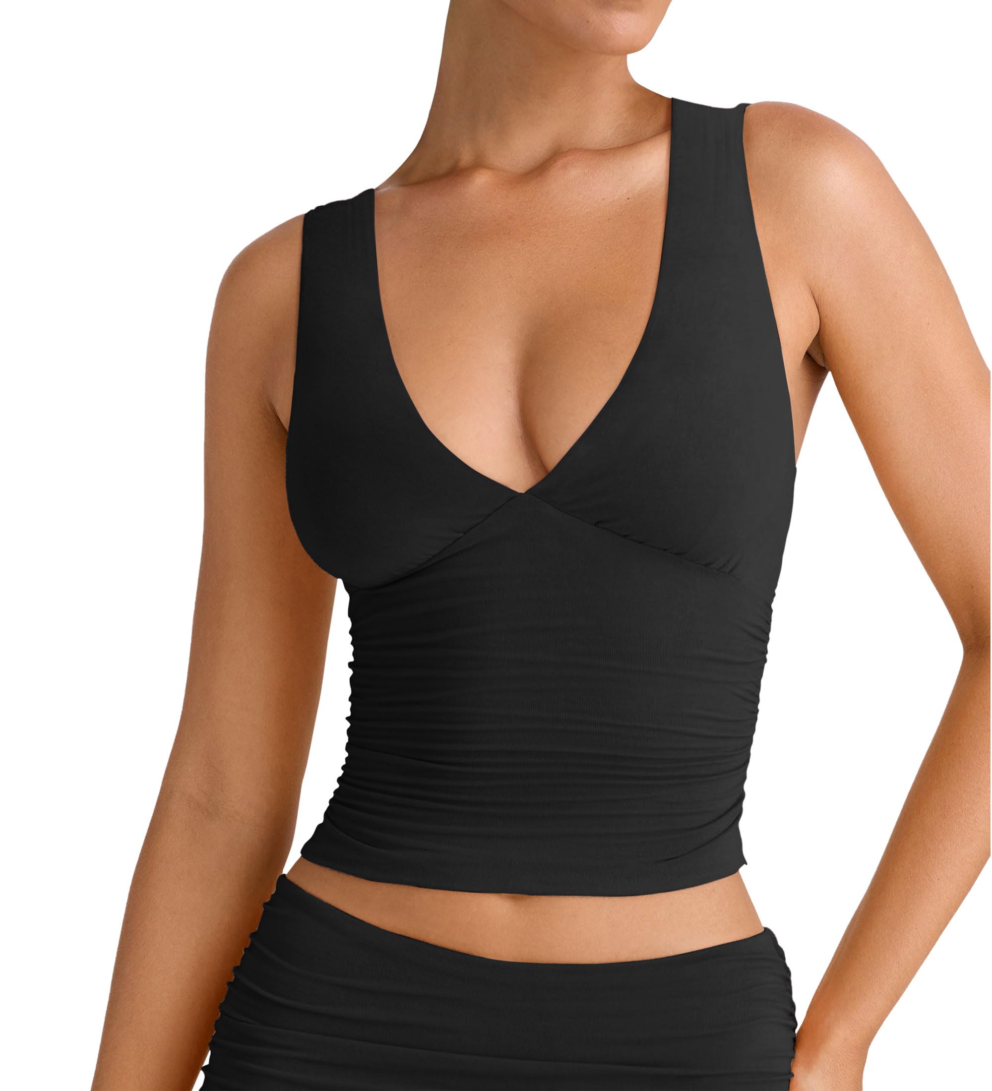 Photo 1 of ** STOCK PHOTO SIMILAR NOT EXACT** Women's Summer Deep V-Neck Ruched Crop Tank Top Sexy Sleeveless Double Lined Crop Top Black Large