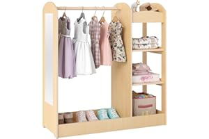 Costzon Kids Dress up Storage with Mirror, Clothes Rack, 3-Tier Shelves, Bottom Tray, Pretend Play Costume Dresser Organizer Center, Open Hanging Armoire Closet for Little Girls (Natural)