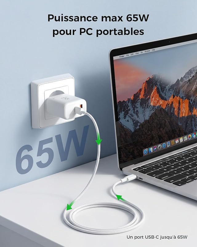 Cargador USB C 65W, Cargador Carga Rápida Doble Puerto Cargador iPhone — photo 3 sur 8