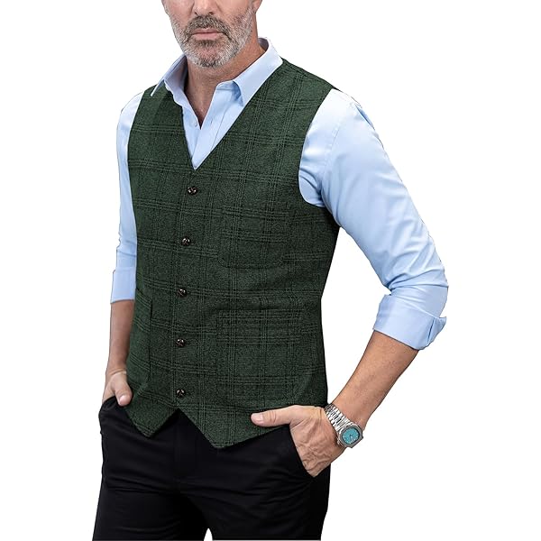 Mens Casual Suit Vest Plaid Tweed Regular Fit Wool Waistcoat for