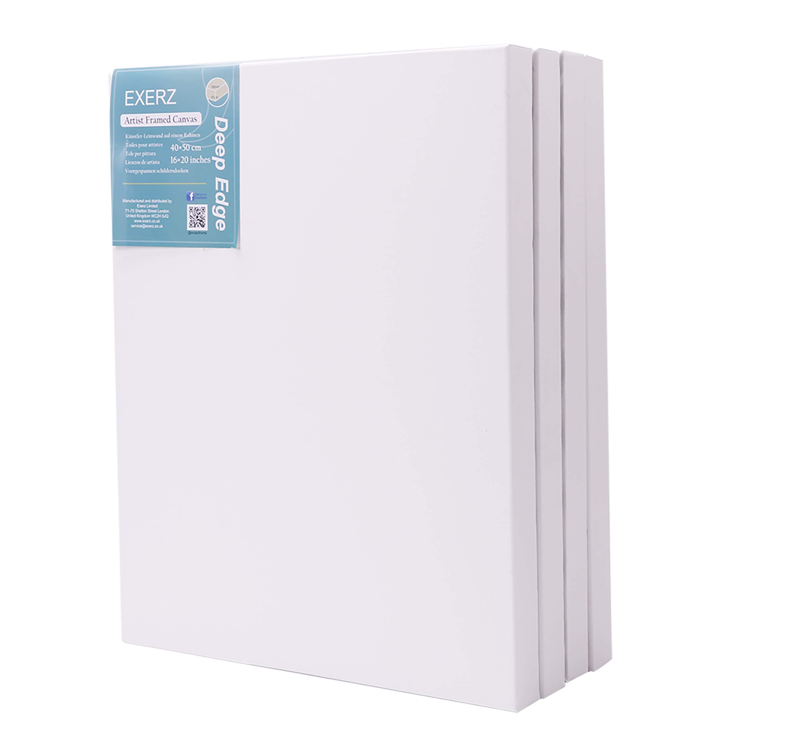 EXERZ 40x50cm Canvas Deep Edge 4pk Artist Framed 3.8cm Thick 380GSM Pre-Stretched 100% Cotton/Blank/Triple Primed/Acid Free/Medium Grain//Acrylic, Oil (40x50cm 4pk)