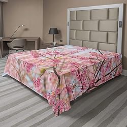 Ambesonne Floral Flat Sheet, Japanese Sakura Cherry