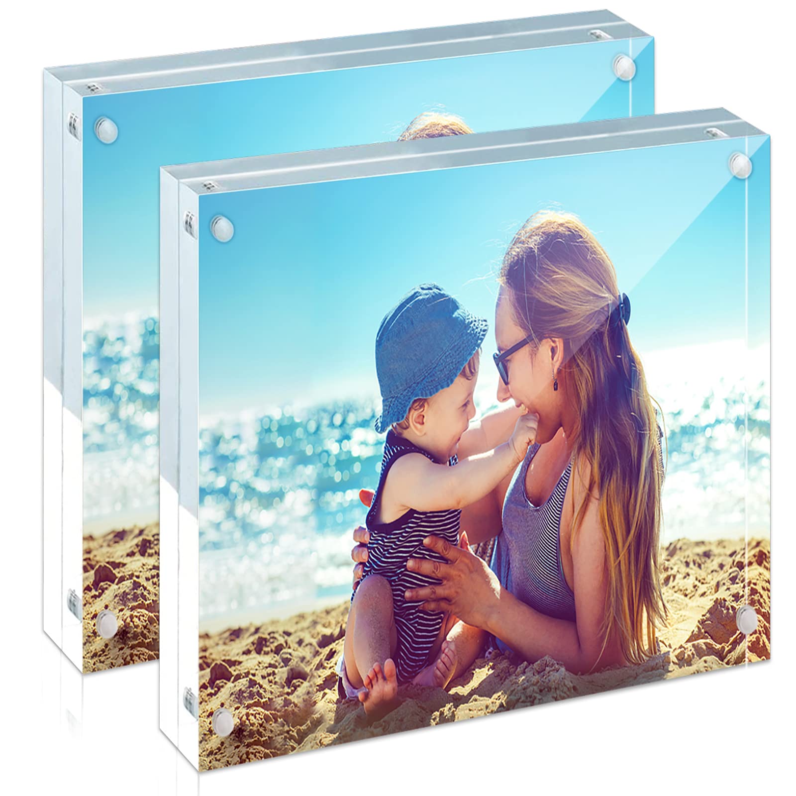 Photo 1 of HELPLEX Acrylic Frames, 2 Pack 4x4, 20mm Thicker Frameless Clear Frame, Double Sided Magnetic, Free Standing Desktop Display