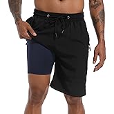 FT FENTENG Mens Swim Trunks with Compression Liner 9" Board Shorts 2 in 1 Quick Dry Bathing Suits with Zipper Pockets
