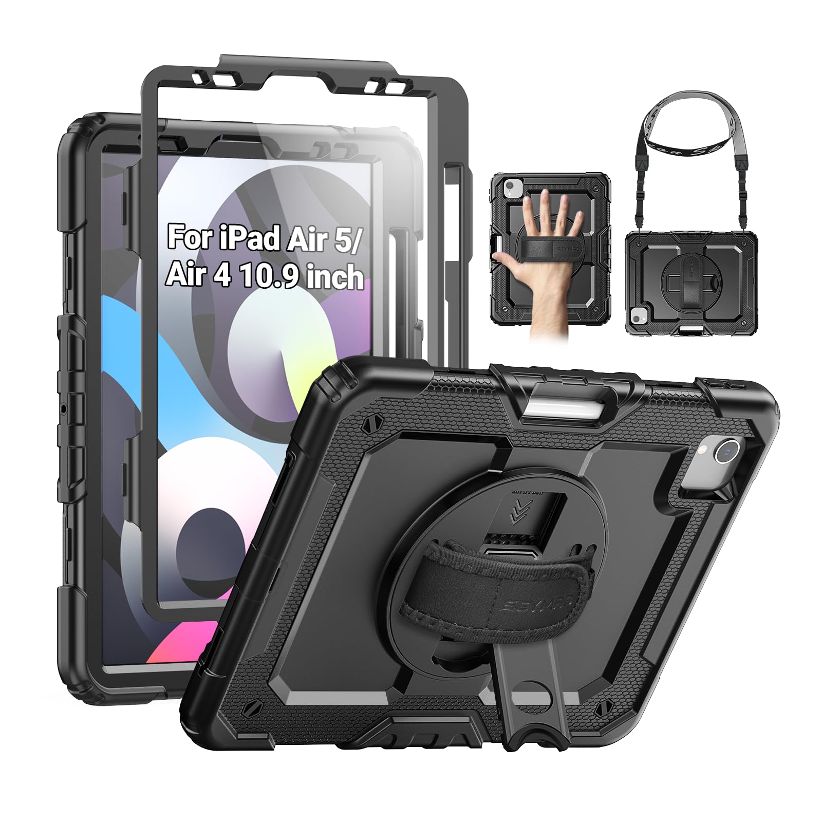 Photo 1 of SEYMAC for iPad Air 5th/ 4th Generation Case 10.9 Inch, Full-Body Shockproof Protective Case with Screen Protector, Rotating Stand/Handle/Shoulder Strap/Pencil Holder for iPad Air 5/ Air 4, Black