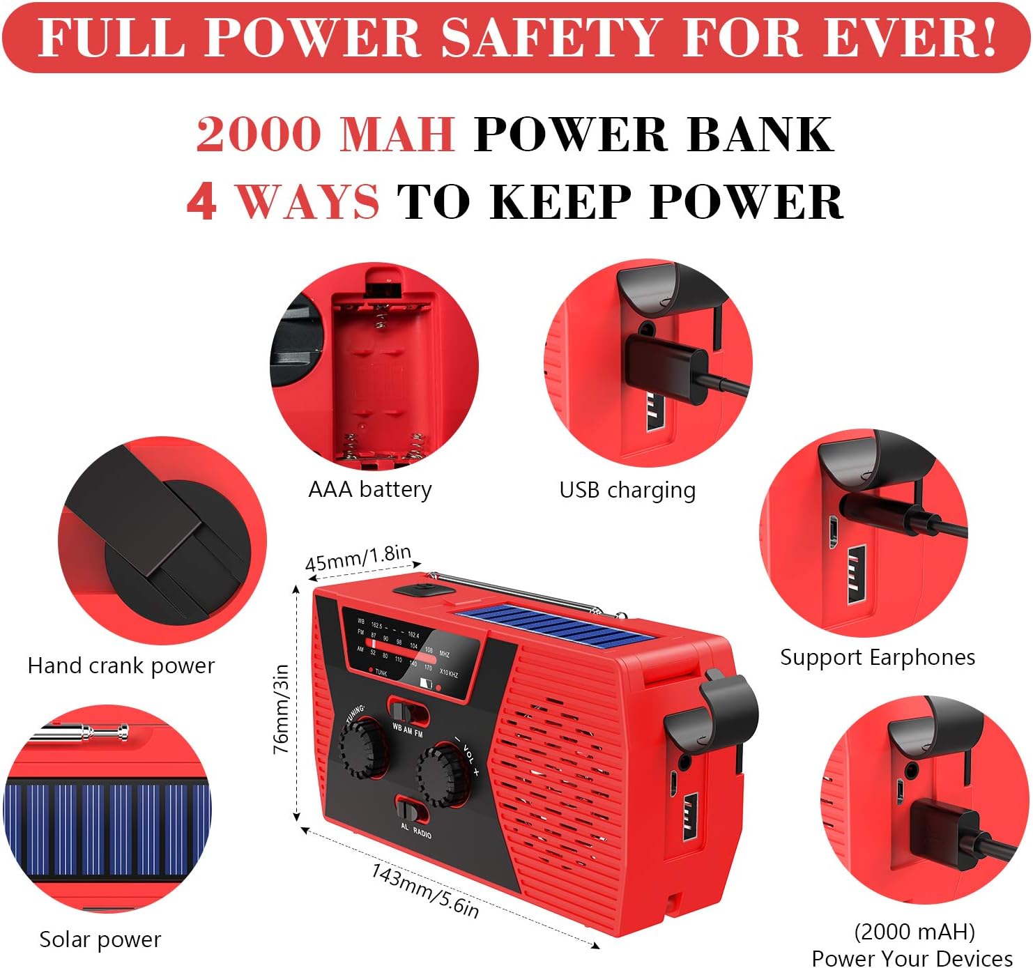 Emergency Solar Hand Crank Portable Radio, NOAA Weather Radio for Household and Outdoor Emergency with AM/FM, LED Flashlight, Reading Lamp, 2000mAh Power Bank USB Charger and SOS Alarm: Home Audio & Theater
