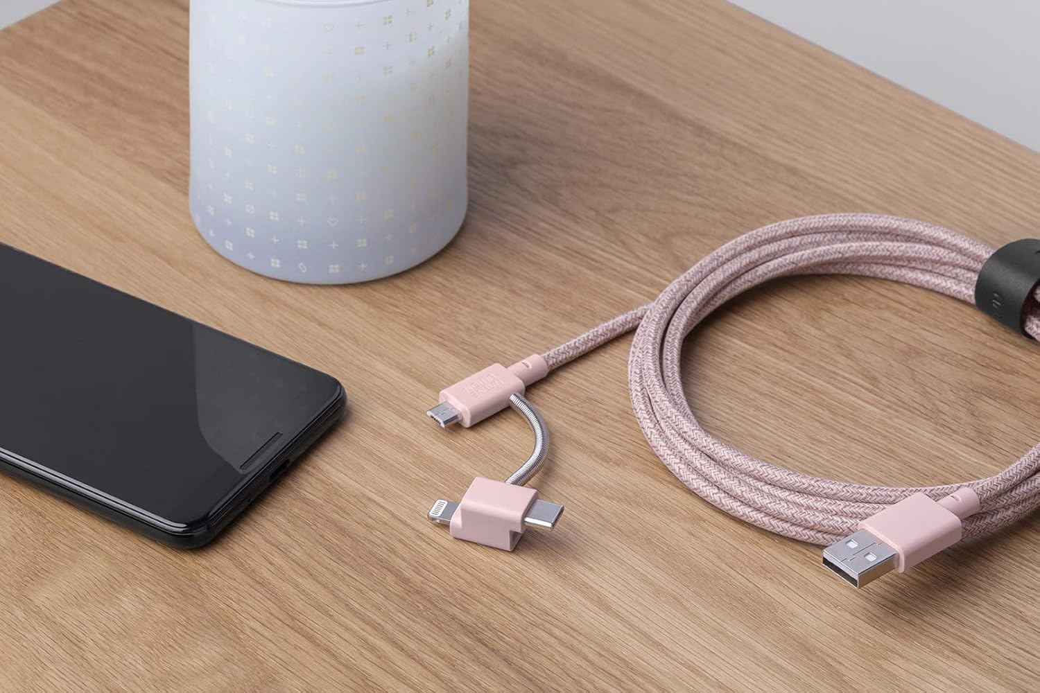 Native Union Belt Cable Universal - 6.5ft Ultra-Strong Reinforced [Apple MFi Certified] Durable Charging Cable with 3-in-1 Adaptor for Lightning, USB-C and Micro-USB Devices (Rose)