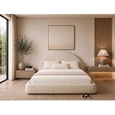 Cloud Frame New Round Bed Upholstered Bed Frame &ndash;Washable Zip Cover, Modular Minimalist Modern Design Soft Foam Platform Bed, Half Circle Sold Separately (Cream Linen, Queen Headboard)