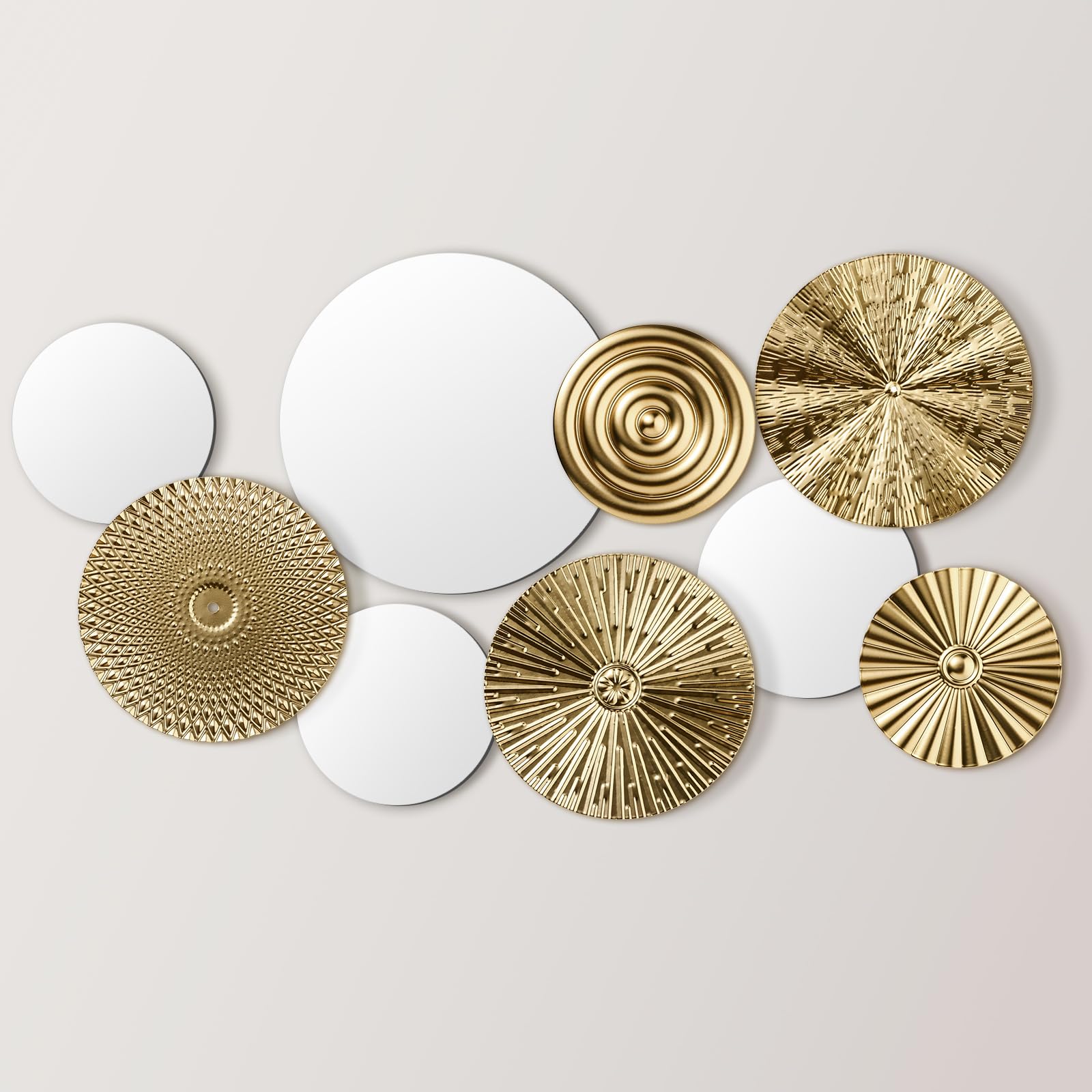 Photo 1 of Blulu 9 Pcs Gold Mirror Wall Decor Metal Round Home Art Decor Decorative Modern Circle Mirror Wall Art Sculpture Hanging Decorations for Home Living Room Office