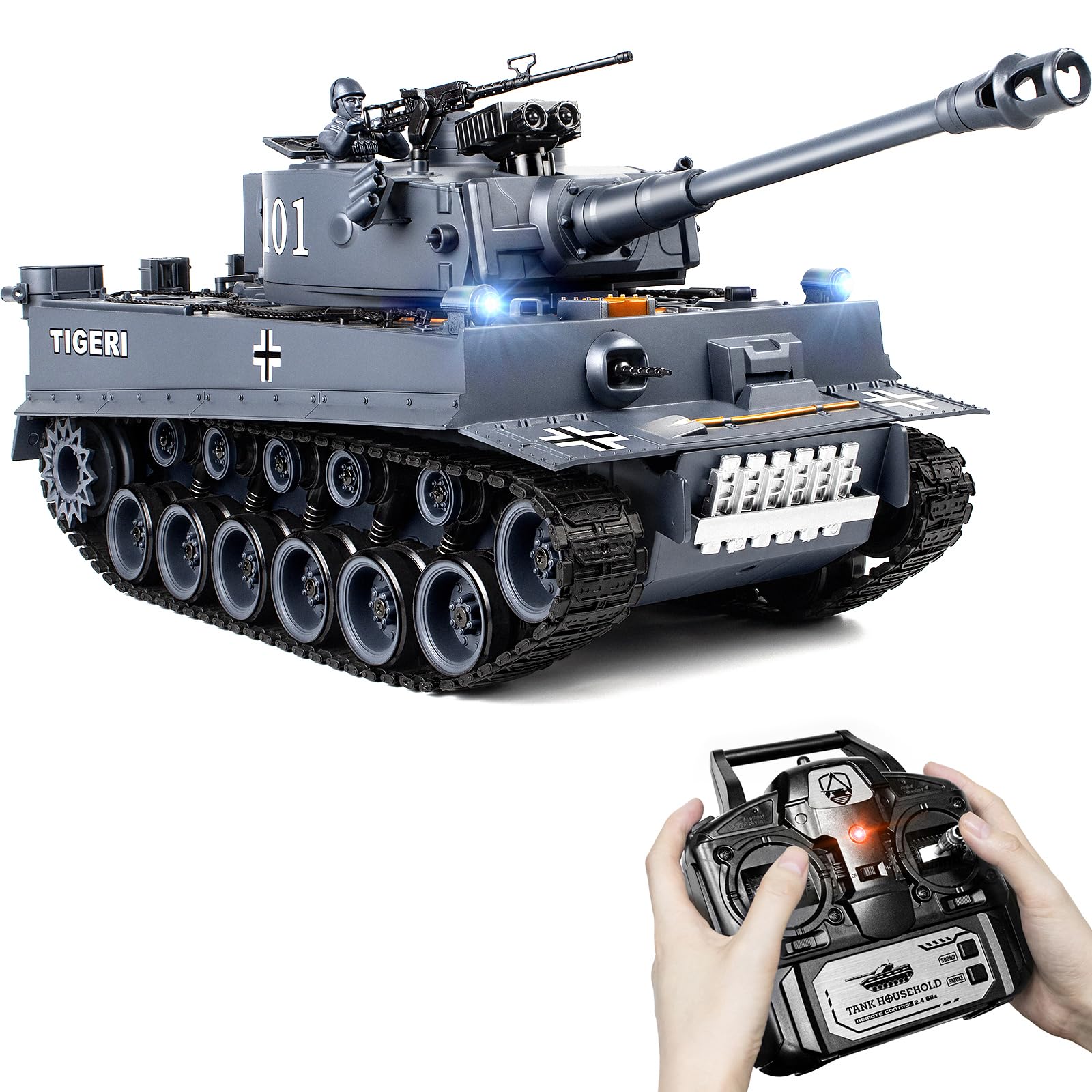 Supdex 1:18 Remote Control Tank, 2.4Ghz WW2 German Tiger I RC Tank Model Toys, Battle Army Toy 15 Channel with Smoke Light and Sound, Military Toy for Adults and Kids That Shoots BBS and Water Bombs