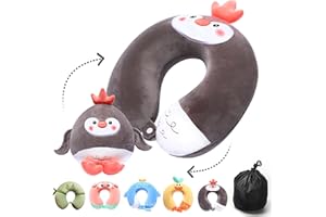 qianliyer 2-in-1 Travel Pillow for Kids Adult Cute Neck Pillow for Traveling Foam Particles Airplane Pillow Sleep U-Shaped Animal Flight Pillow Head Rest Neck Support for Cars Long Flights (Penguin