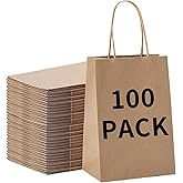 BAG BOX 100 Pcs Medium 8.25x4.3x10.6 Inch Brown Kraft Paper Gift Bags with Handles for Bulk Wedding, Party Favors, Grocery, Shopping, Retail Merchandise, Gift Sacks