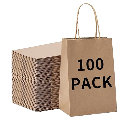 BAG BOX 100 Pcs Medium 8.25x4.3x10.6 Inch Brown Kraft Paper Gift Bags with Handles for Bulk Wedding, Party Favors, Grocery, Shopping, Retail Merchandise, Gift Sacks