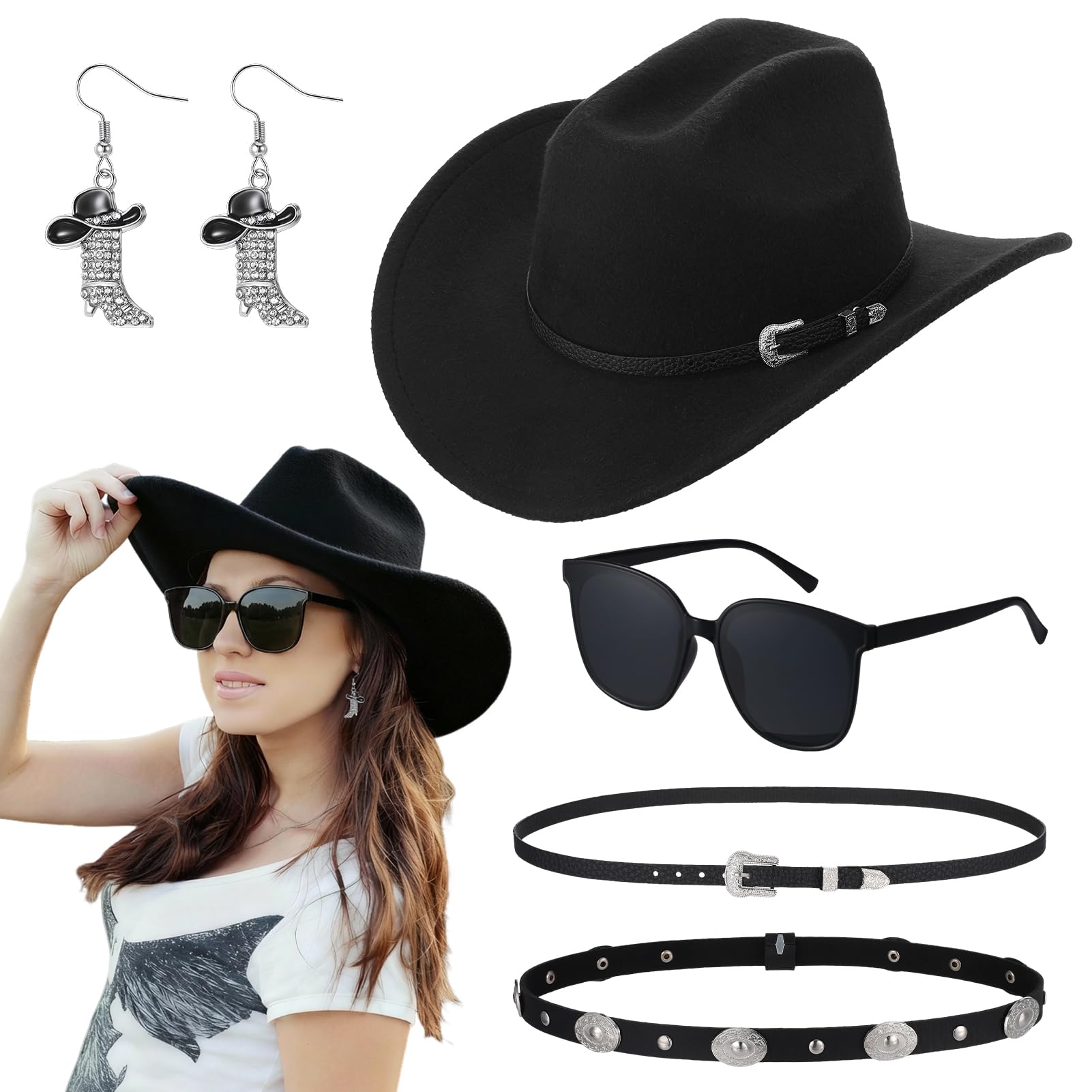 Partideal 4Pcs Cowboy Hat Set, Western Style Soft Felt Wide Brim Classic Cowgirl Hat with 1 Extra Hatband 1 Earrings 1 Glasses, Adjustable Outdoor Party Hat Photo Prop