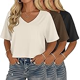 Velvelhall 3 Pack Women's Cropped Tops V Neck Half Sleeve Crop T-Shirts Raglan Sleeve Loose Fit Casual Summer Basic Tees