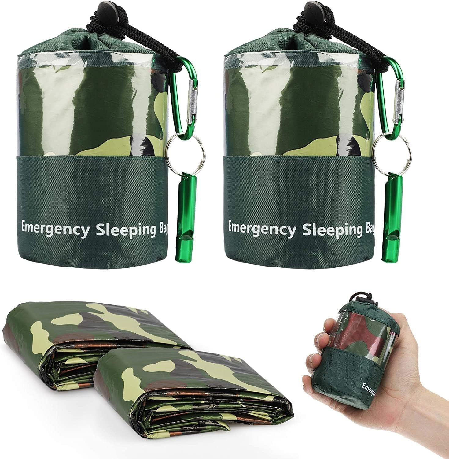 EEEKit Emergency Sleeping Bag, Pack of 2 Lightweight Waterproof Survival Bag, Thermal Emergency Blankets, Portable Mylar Survival Equipment with Whistle for Camping, Hiking, Outdoor Activities