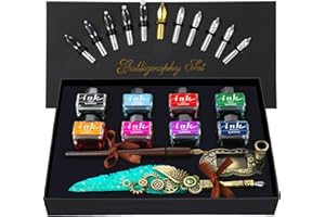 AIFEITER Feather Quill Pen ink Set,Calligraphy Pen Set,Include Quill Pen,Wood Dip Pen,8 Bottles Of Ink,13 Stainless Steel Nibs Of Different Sizes,Pen Holder,Envelope Paper
