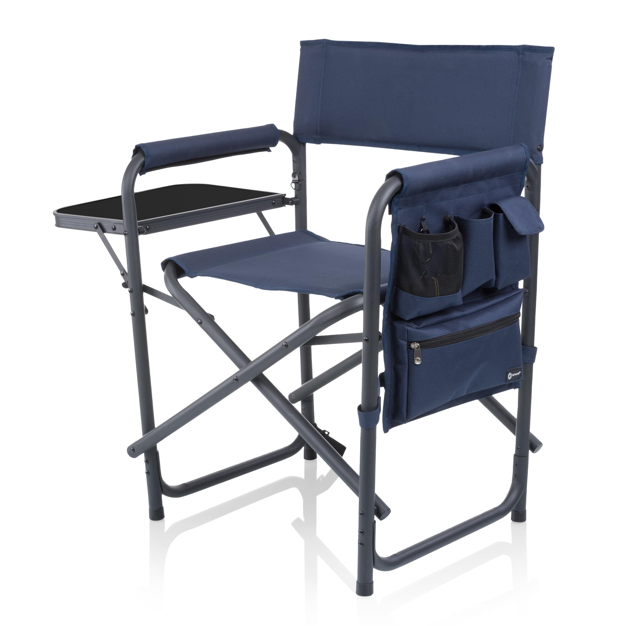 PICNIC TIME Sports Chair with Side Table, Outdoor Foldable Padded Adult Camping Chairs with Cup and Accessory Panel for Lawn, Beach, & Sports Use for Adults, up to 300-lbs Capacity, (Navy Blue) Image