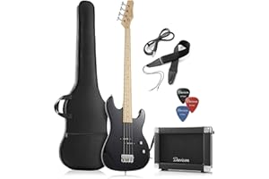 Davison Guitars Full Size Electric Bass Guitar with 15-Watt Amp, Black - 4 String Right Handed Beginner Kit with Gig Bag and Accessories