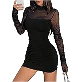 winkbay Women's Mesh Sheer Ruched Bodycon Dress Y2k Mock Neck Long Sleeve Mini Club Dresses Night Out Outfit