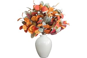 egolot 16 Inch Set of 8 Artificial Leaves Picks for Table Centerpieces, Fall Orange Picks Set for Home Decor Indoor Outdoor, Autumn Orange Eucalyptus Green Lamb Ear Leaves Pick Set