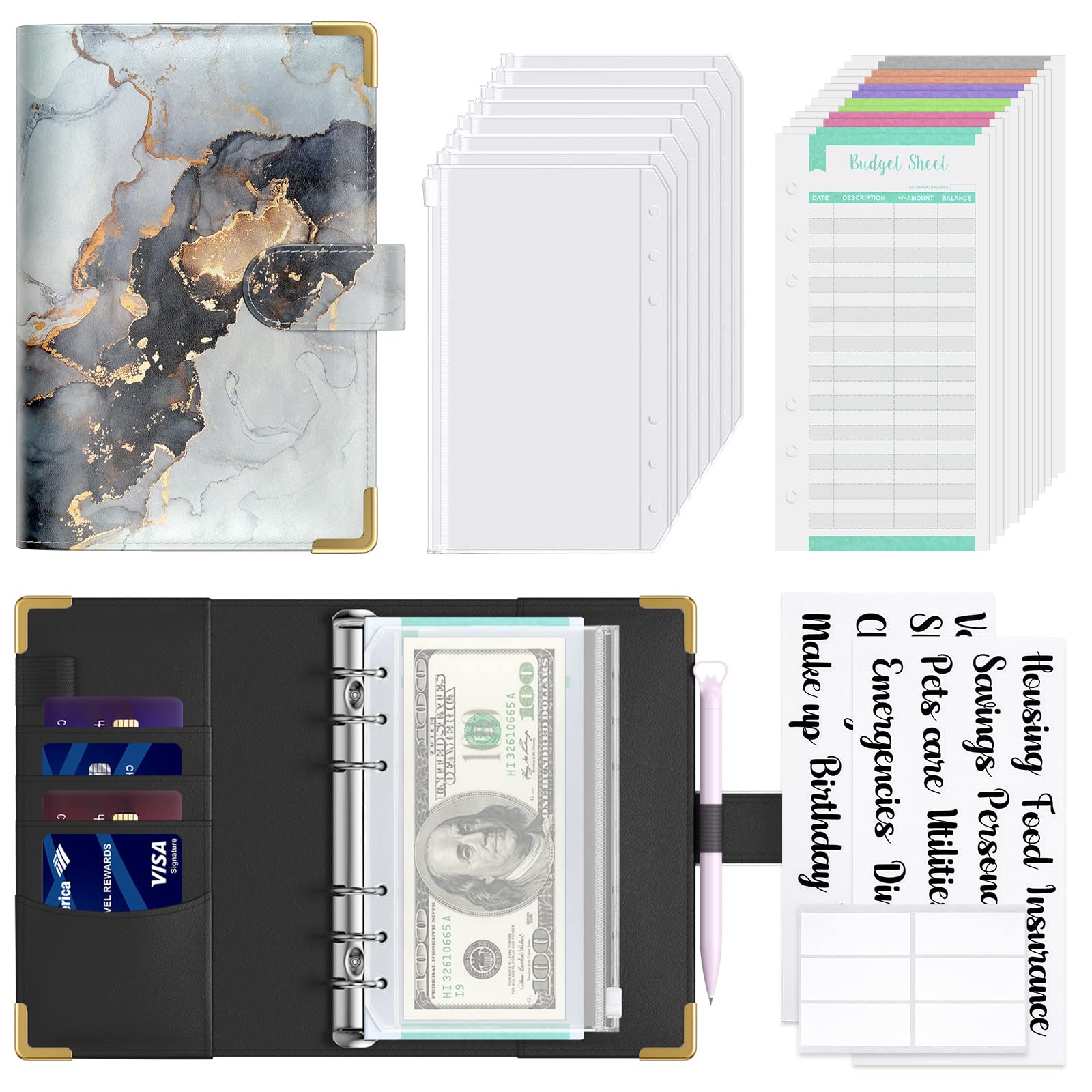 Hnogri Budget Binder with Zipper Envelopes, A6 Money Saving Binder Cash Envelopes for Budgeting, PU Leather Budget Planner Money Organizer for Cash Bills, Floral Budget Wallet for Women, Grey Marble