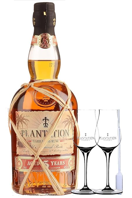 Plantation Rum Grande Reserve 5 Jahre Barbardos 0,7 Liter + 2 Plantation Stölzle Gläser ohne Eichstrich + Einwegpipette 1 Stü