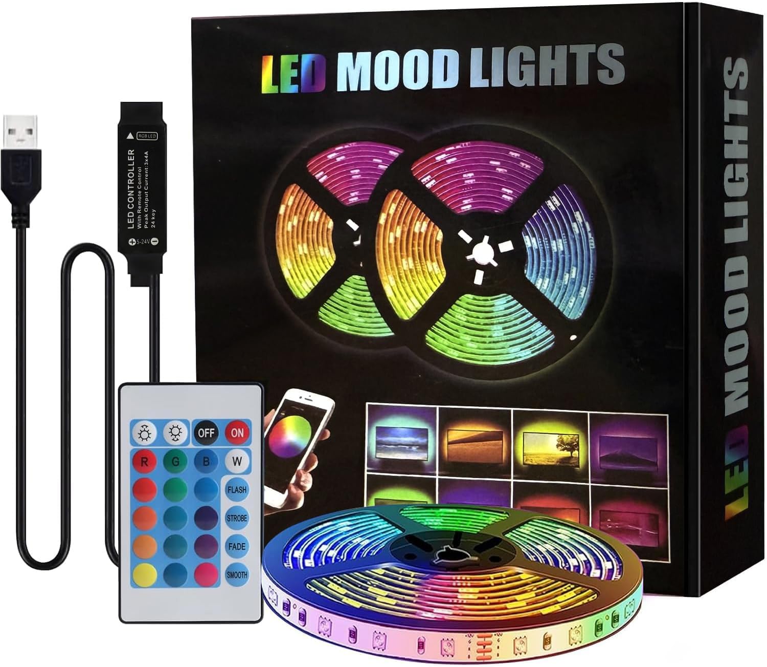 QMINKUN 2M Led Strip Lights,RGB Color Changing Led Strip with Remote Control,LED Strip for Bedroom, Living Room, Kitchen, Party, DIY Home Decoration