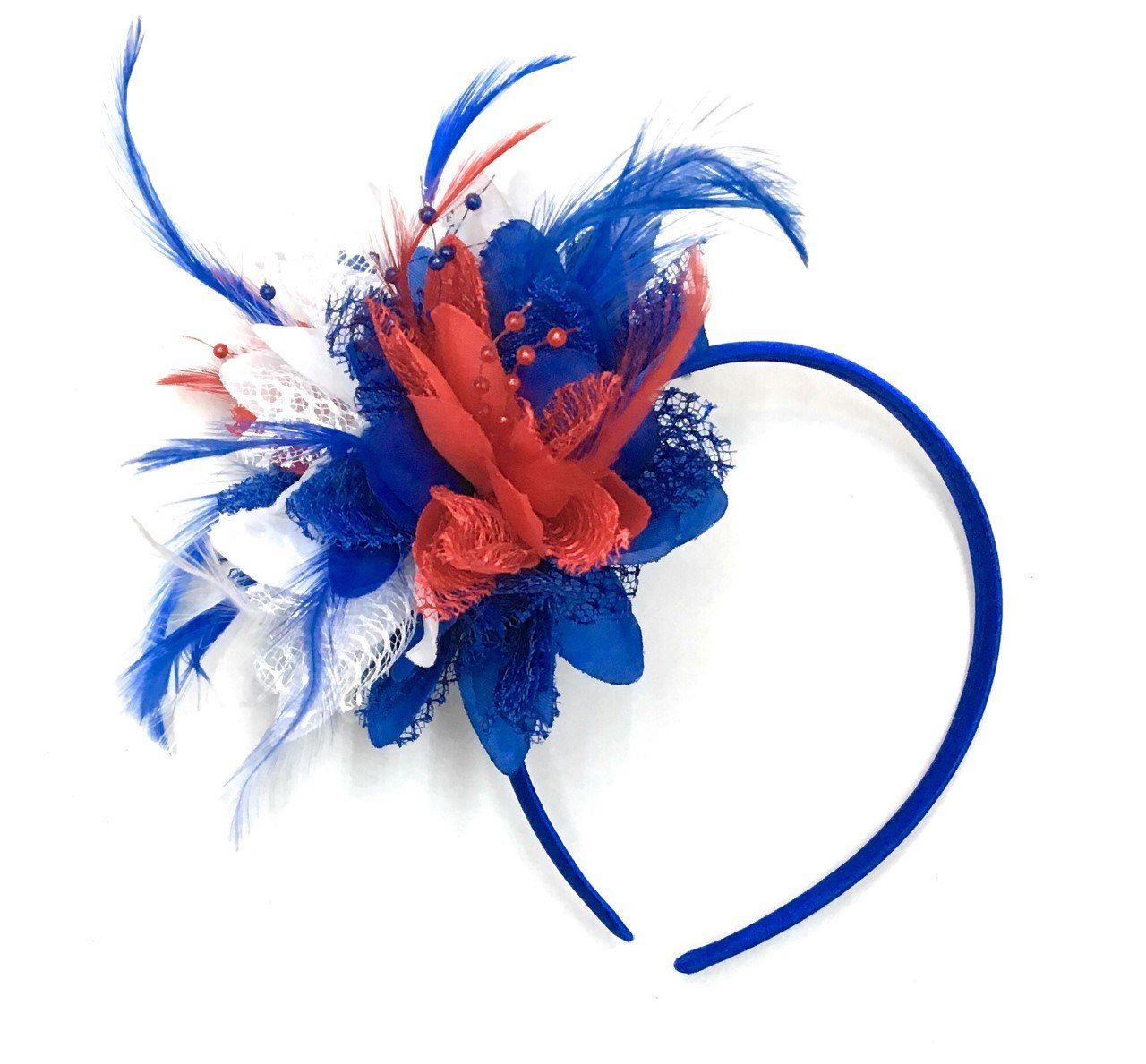 Caprilite Union Jack Royal Blue White and Red Flower Feather Hair Fascinator on Headband Alice Band Royal Wedding Party Ascot Races