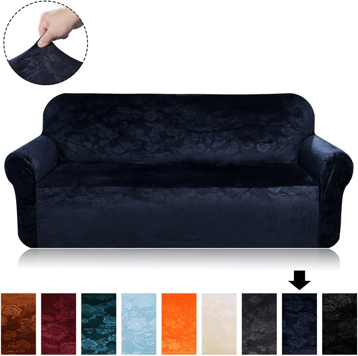 Velvet Plush Stretch Sofa Covers - Fit Stretch Stylish Furniture Protector Sofa Slipcovers for Loveseat, 1 Piece Spandex Embossing Flower Pattern Couch Cover (Loveseat, Navy Blue)