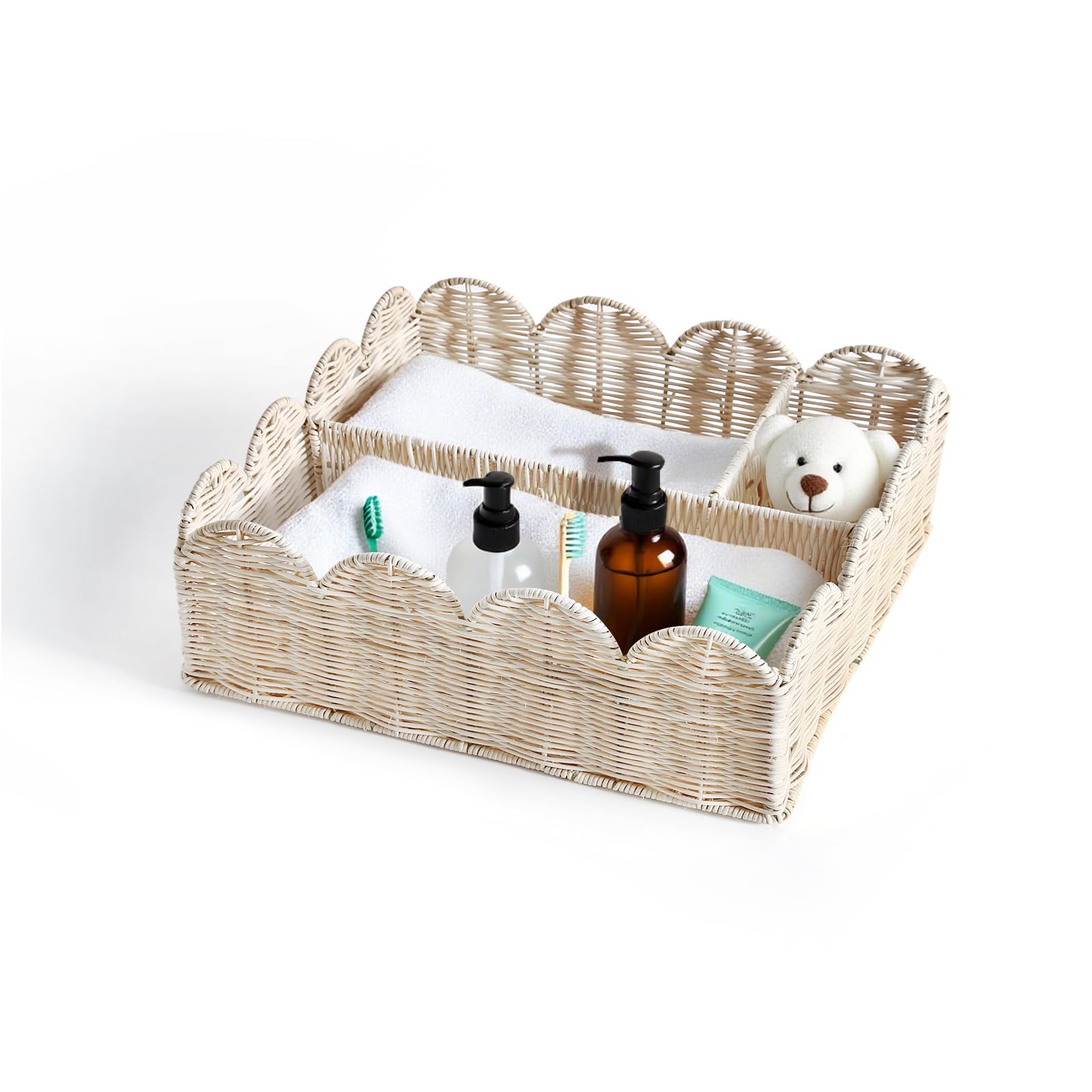 Photo 1 of Rattan Divided Scalloped Basket,Wicker Diaper Caddy Scalloped Baske,Woven Natural Basket with 4 Dividers,Suitable for Baby Rooms, Bathrooms, Bedrooms (Rattan)