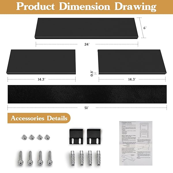 LCGAOYA ﻿ADJUSTABLE FIREPLACE SMOKE GUARD, FIREPLACE HOOD HEAT DEFLECTOR 6 INCHES HEIGHT, FOR 28 TO 48″ FIREPLACE HOOD HEAT SHIELD,HEAT SHIELD FOR TV ABOVE FIREPLACE,WITH INSULATION COTTO