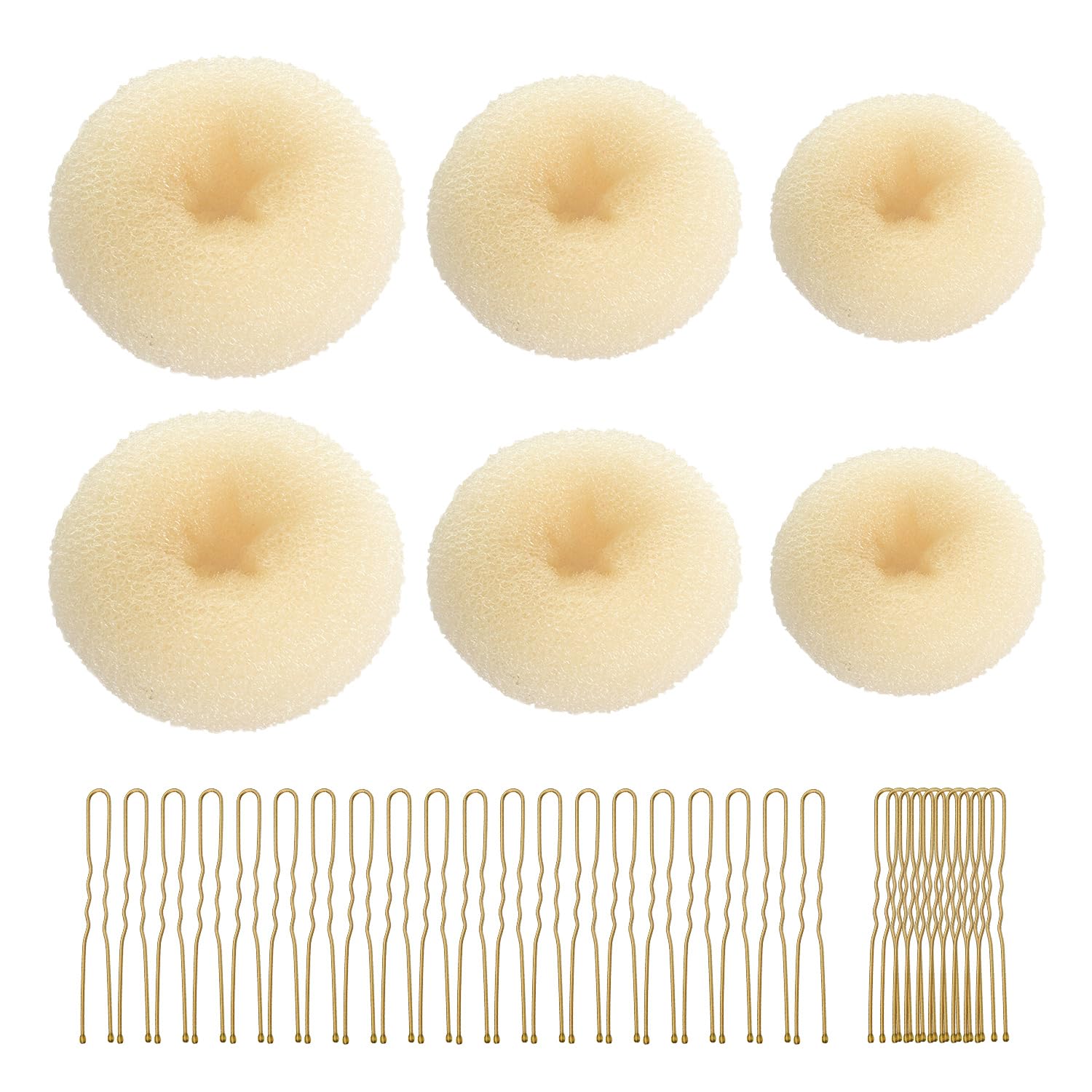 CORTNEY Hair Donuts for Buns Maker Set, 6 Pcs Beige Hair Bun Ring Maker, 30 Pcs Blonde U Shaped Hair Pins, for Doughnuts Chignon Hair Styles, Ballet Dancers Kids Girls and Women