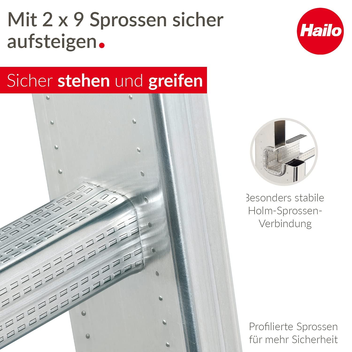 Hailo S80 ProfiStep Duo Alu-Schiebeleiter - 2 x 9 Sprossen belastbar bis 150 kg - Leiternteile einzeln verwendbar - sprossenweise höhenverstellbar - Aluleiter Made in Germany - rostfrei - Silber 3