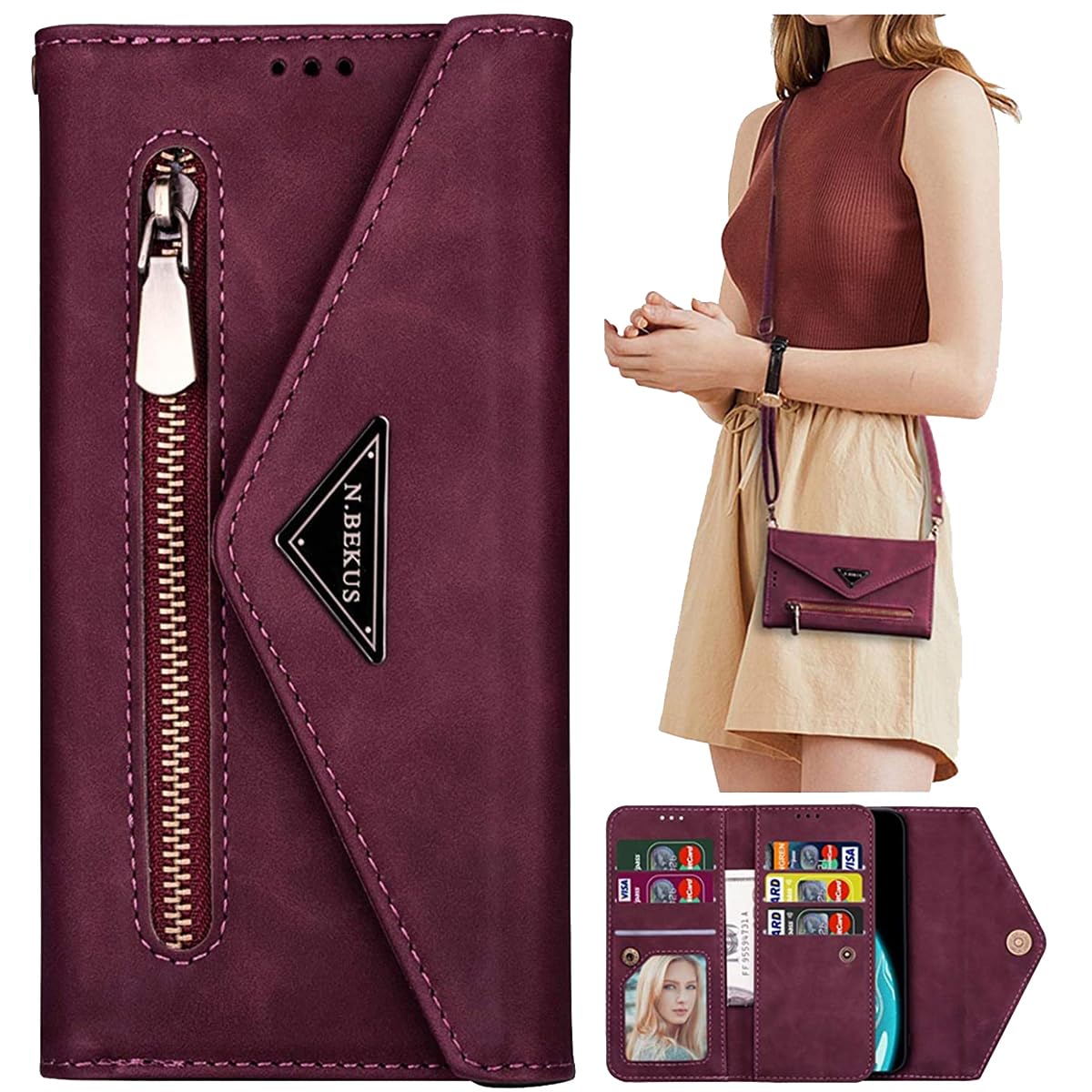 SUMOON iPhone 11 Case Crossbody Lanyard Flip Case Zipper Wallet Purse for Women Girl iPhone 11 Leather Folio Cover with Card Holder Shoulder Strap Coin Pocket iPhone XR Shockproof Case RED