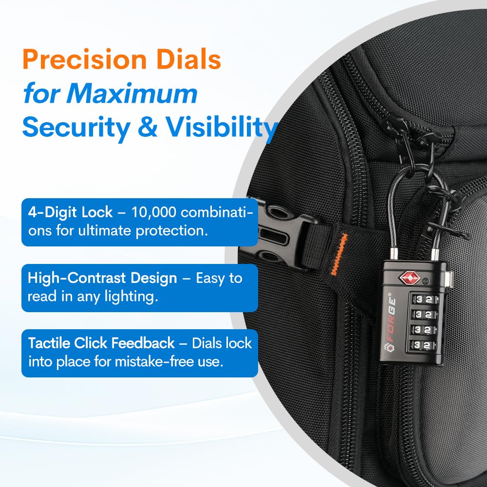 Forge Forge TSA Approved Luggage Locks 4 Digit Combination TSA Travel Locks with TSA008, Open Alert Indicator, Zinc Alloy Body for Luggage, Suitcase, Backpack, and More. Black 2 Locks.