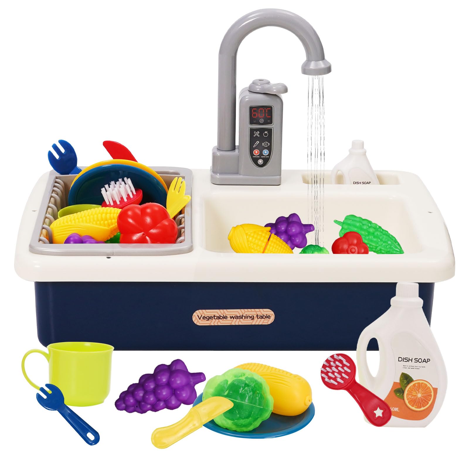 Kids Kitchen Play Sink Toy Set Pretend Role Plays Kitchen Toys Play Sinks with Running Water,PlayFood,Cutting Plays Dishwasher with Automatic Water Cycle System Blue