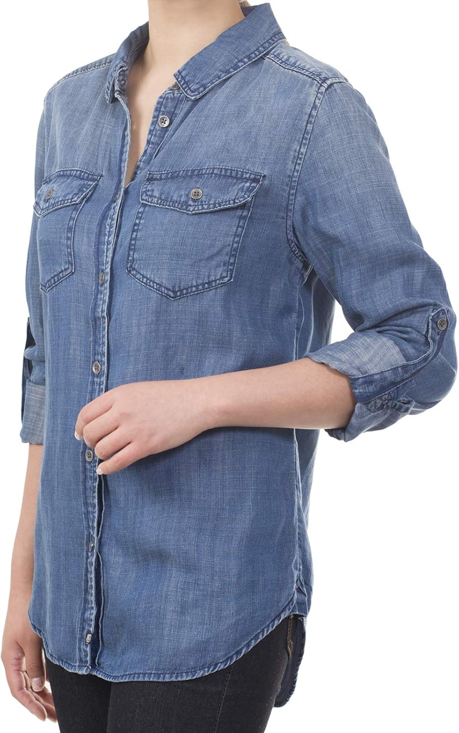 MixMatchy Women's Casual Daily Long/Roll Up Sleeve Button Down Denim Chambray Shirt (S-3XL) at  Women’s Clothing store