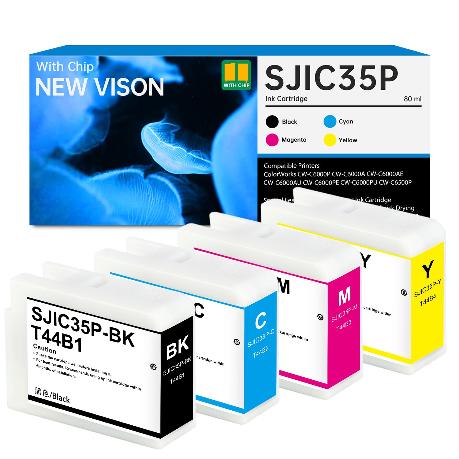 Photo 1 of SJIC35P Ink Cartridges with New Chip Remanufactured for SJIC35P SJIC35P-BK SJIC35P-C SJIC35P-M SJIC35P-Y for ColorWorks CW-C6000P CW-C6500A CW-C6500P CW-C6000A CW-C6500PU Color Inkjet Printer, 4-Pack