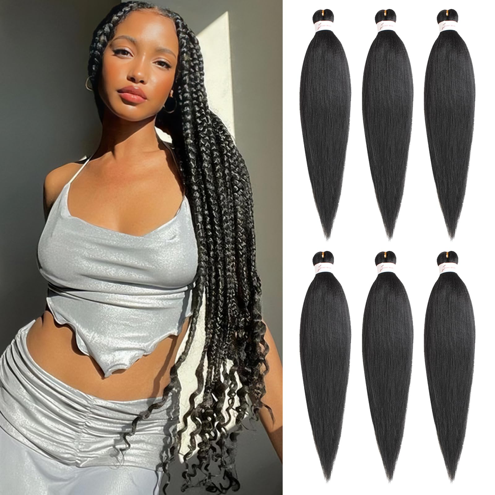 Samtress Braiding Hair 24 Inch 6 Packs Natural Black Pre Stretched Easy Braid Soft Yaki Texture Kanekalon Synthetic Fiber Hot Water Setting Crochet Braids Hair Extensions (#1B) — image 1
