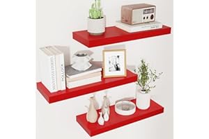 FUQING Red Floating Shelves for Wall, Solid Wood Wall Mounted Shelves Set of 3, Modern Red Shelves for Bedroom Living Room Bathroom Kitchen, Shelves for Wall Decor - Red