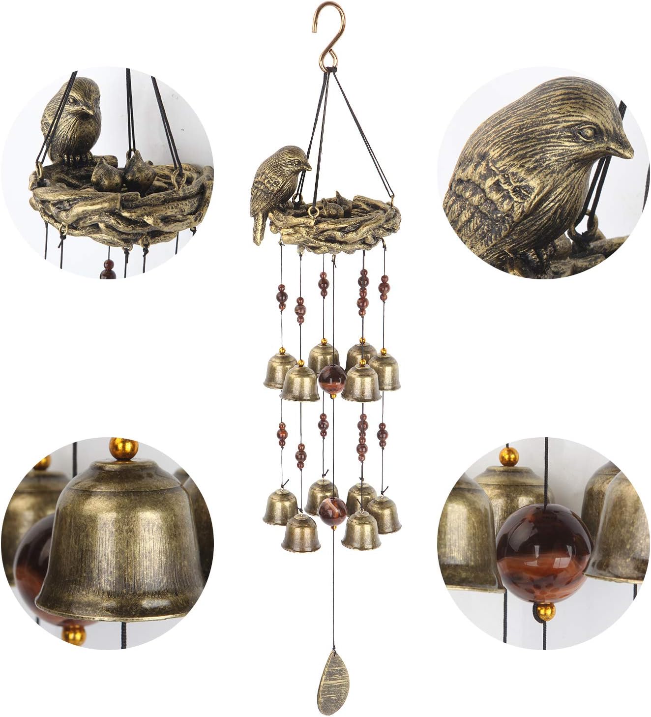 Gardenvy Bird Nest Wind Chime, Bird Bells Chimes with 12 Wind Bells for Glory Mother’s Love Gift, Garden Backyard Church Hanging Decor, Bronze : Garden & Outdoor